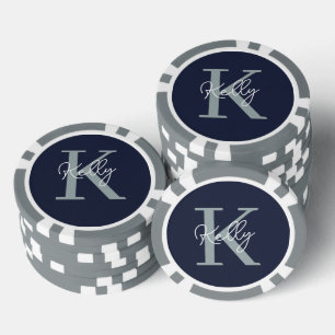 Modern Navy Blue Monogram Script Poker Chips