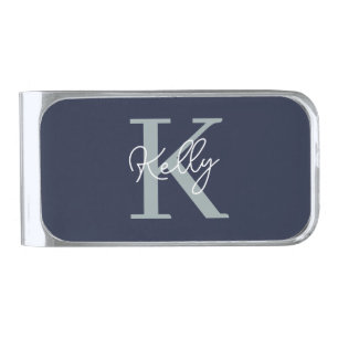 Modern Navy Blue Monogram Script Silver Finish Money Clip