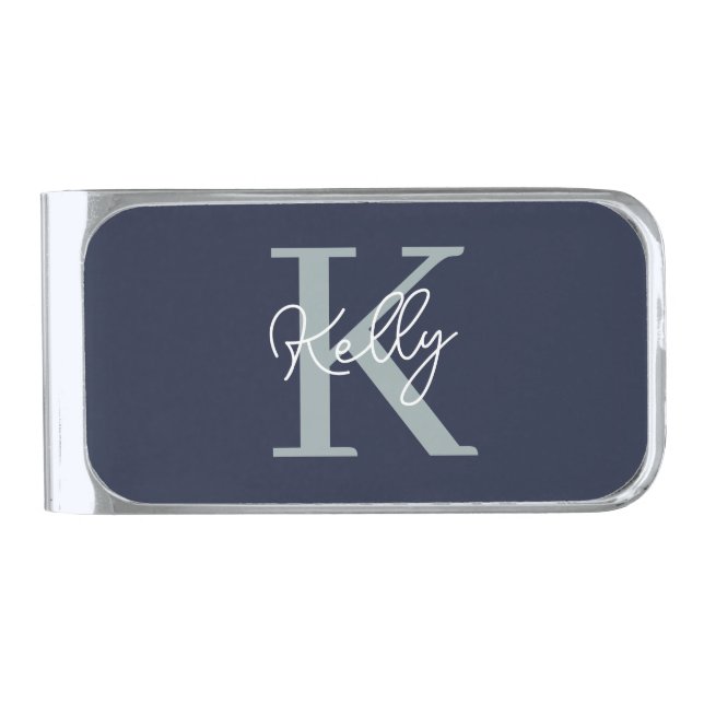 Modern Navy Blue Monogram Script Silver Finish Money Clip (Front)