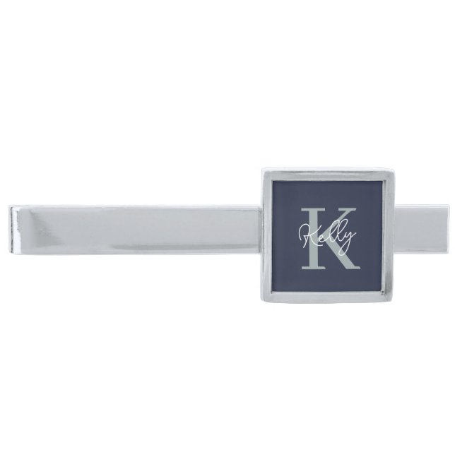 Modern Navy Blue Monogram Script Silver Finish Tie Bar (Front)