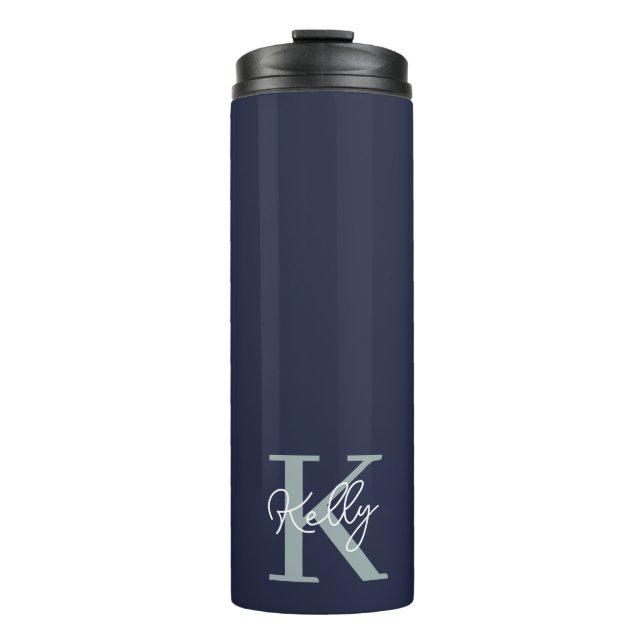 Modern Navy Blue Monogram Script Thermal Tumbler (Front)