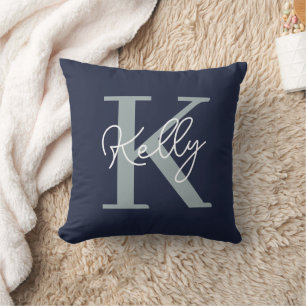 Modern Navy Blue Monogram Script Throw Pillow