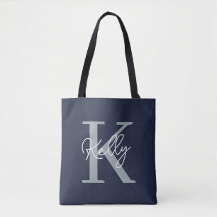 Modern Navy Blue Monogram Script Tote Bag