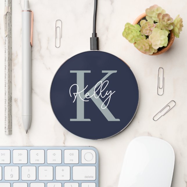 Modern Navy Blue Monogram Script Wireless Charger (Desk)