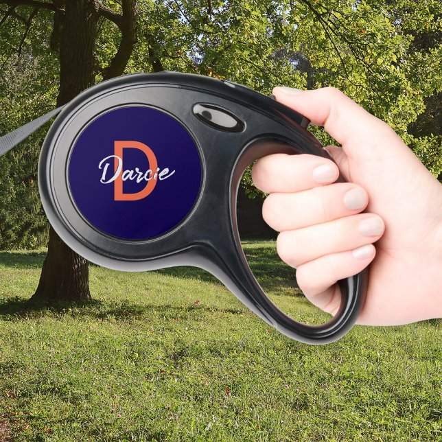 Modern Navy Blue Monogrammed Dog Name Retractable Pet Leash (A dog leash with orange initial and white script name forming a monogram on a navy blue background)