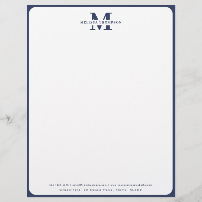 Modern Navy Blue Monogrammed  Letterhead (Front)
