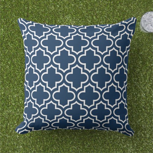 Modern Navy Blue Moroccan Quatrefoil Pattern Outdoor Pillow