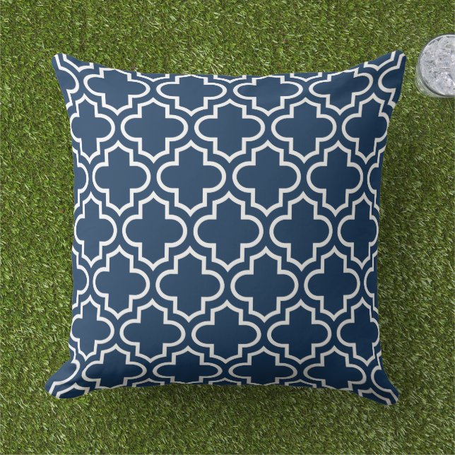 Modern Navy Blue Moroccan Quatrefoil Pattern Outdoor Pillow (Grass)