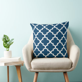 Modern Navy Blue Moroccan Quatrefoil Pattern Throw Pillow