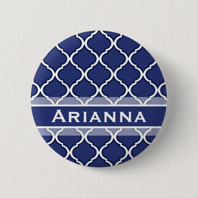 Modern Navy Blue Moroccan Trellis Pinback Button (Front)