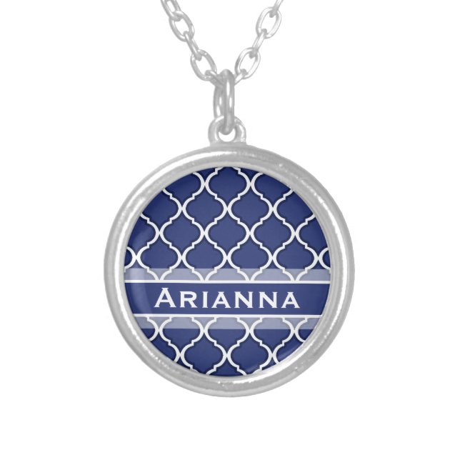 Modern Navy Blue Moroccan Trellis Silver Plated Necklace (Front)