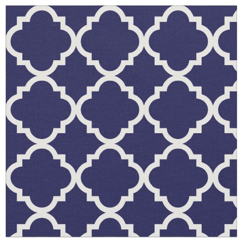 Modern Navy Blue Moroccan White Quatrefoil Fabric