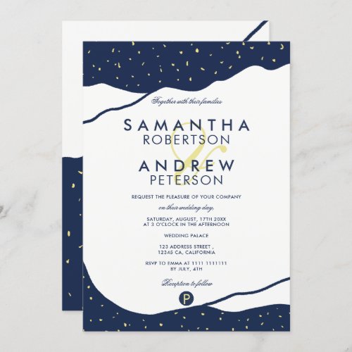 Modern navy blue mountains yellow dots wedding invitation