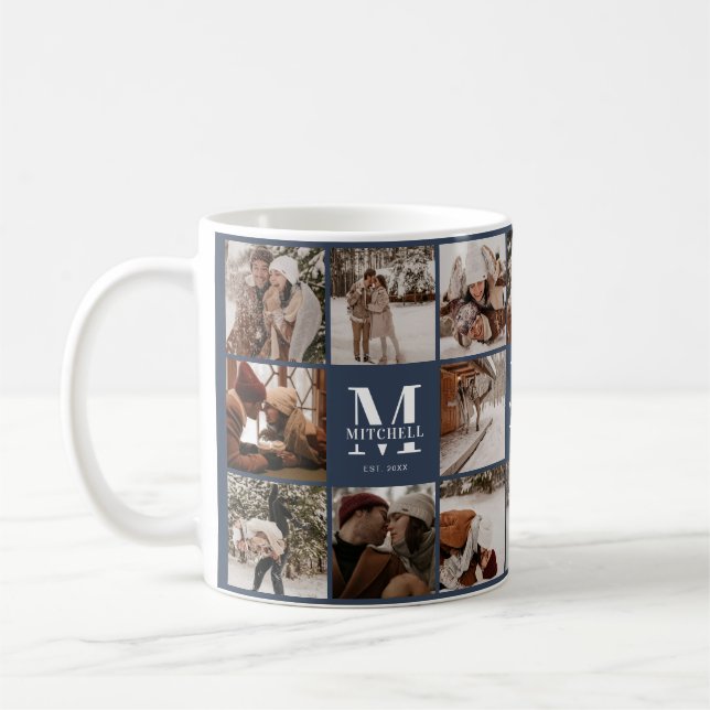 Modern Navy Blue Multi Photo Collage Keepsake Coffee Mug (Left)