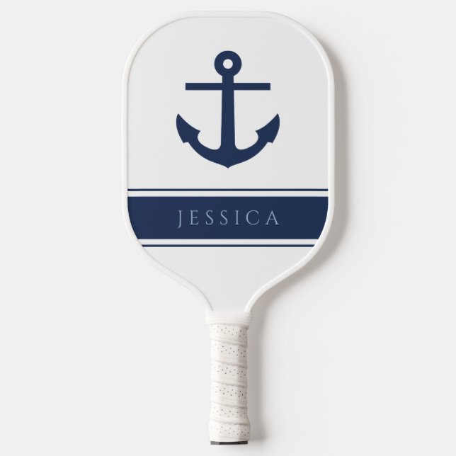 Modern Navy Blue Nautical Anchor Custom Name Pickleball Paddle (Front)