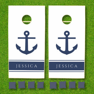 Modern Navy Blue Nautical Anchor Name Cornhole Set