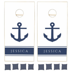 Modern Navy Blue Nautical Anchor Name Cornhole Set