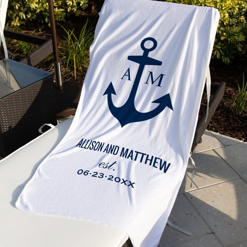 Modern Navy Blue Nautical Anchor Wedding Monogram Beach Towel