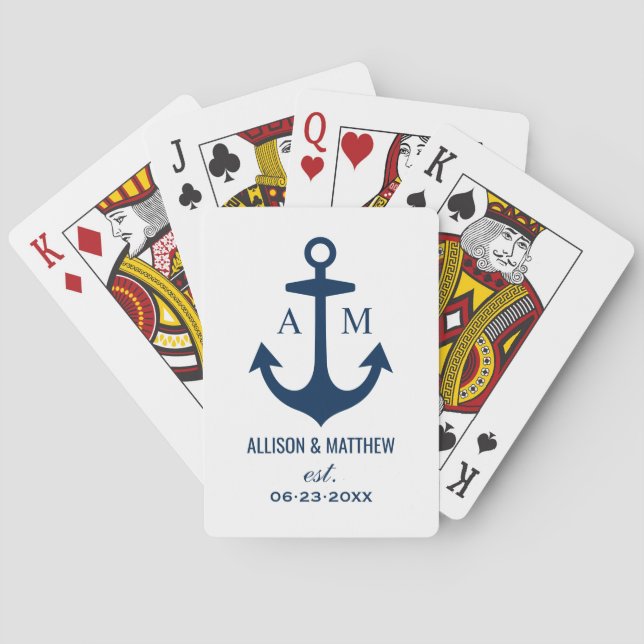 Modern Navy Blue Nautical Anchor Wedding Monogram Poker Cards (Back)