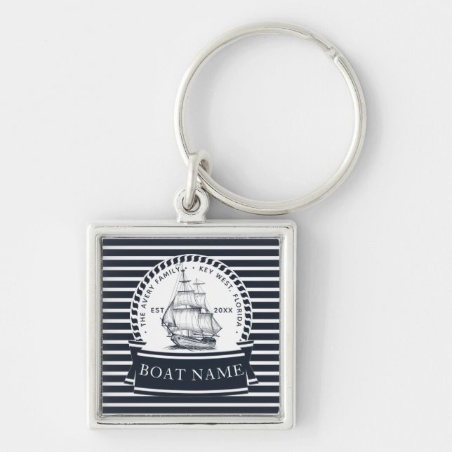 Modern Navy Blue Nautical Boat Name Keychain (Front)