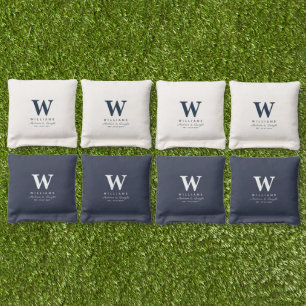 Modern Navy Blue Nautical Family Monogram Cornhole Bags