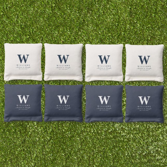 Modern Navy Blue Nautical Family Monogram Cornhole Bags (Set)