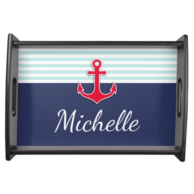 Modern Navy Blue Nautical Personalized Design Serving Tray (Front)