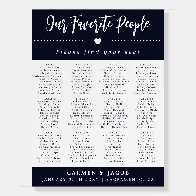 Modern Navy Blue Nautical Wedding Seating Chart  Foam Board (Front)