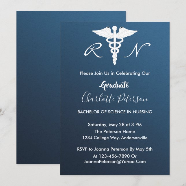 Modern Navy Blue Nurse Graduation Party Invitation (Front/Back)