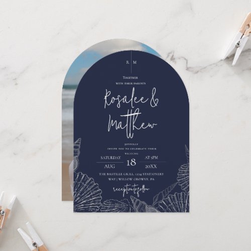 Modern Navy Blue Ocean Coastal Wedding Invitation