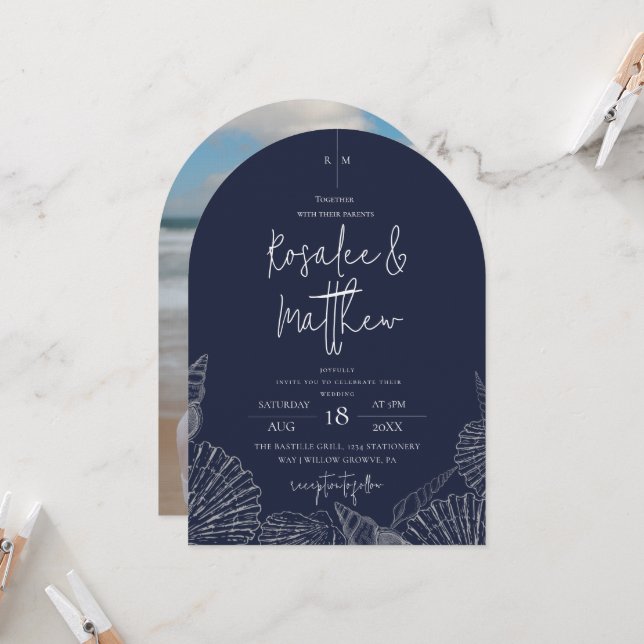 Modern Navy Blue Ocean Coastal Wedding Invitation (Front/Back In Situ)