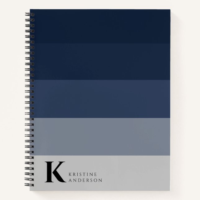 Modern Navy Blue Ombre Gray Classic Monogram Notebook (Front)