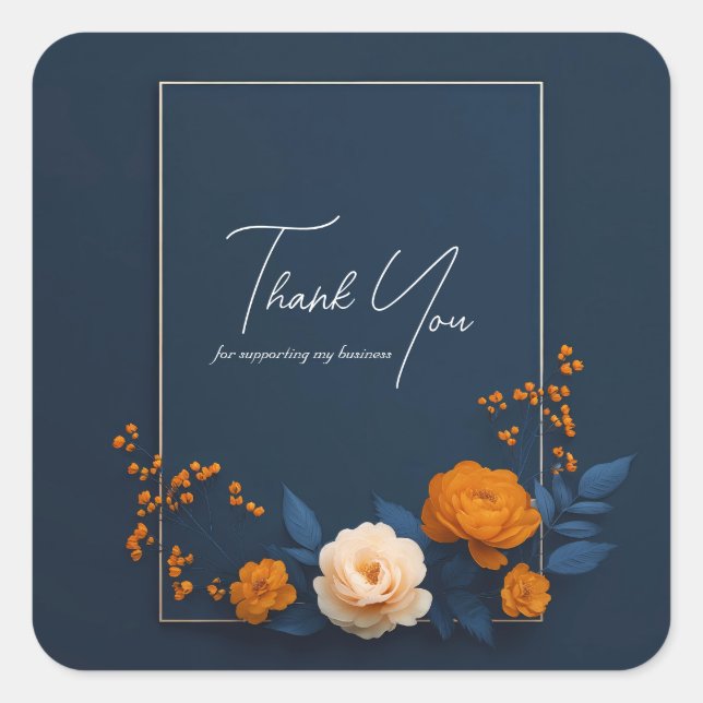 Modern Navy Blue Orange Cream Floral Gold Frame Square Sticker (Front)