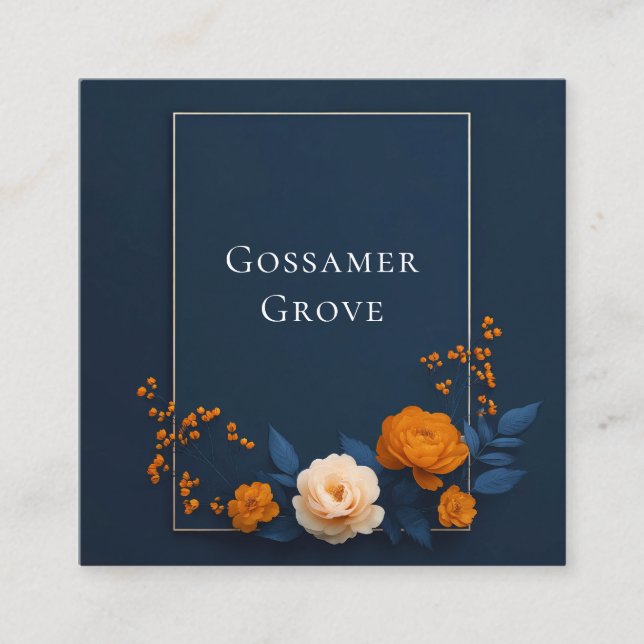 Modern Navy Blue Orange Rose Gold Frame Elegant Square Business Card (Front)