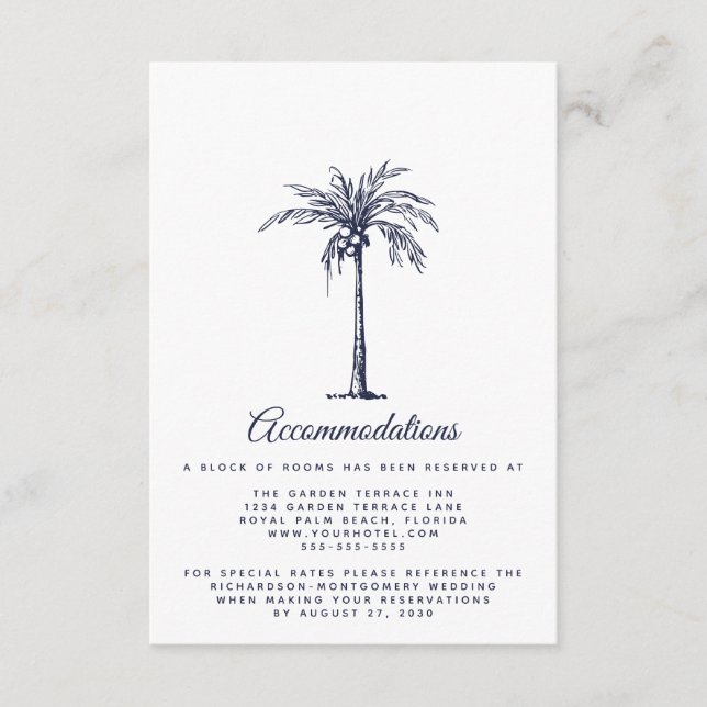 Modern Navy Blue Palm Beach Wedding Accommodations Enclosure Card (Front)