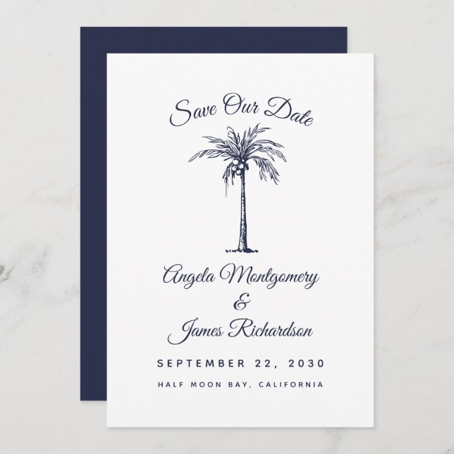 Modern Navy Blue Palm Beach Wedding Save the Date (Front/Back)