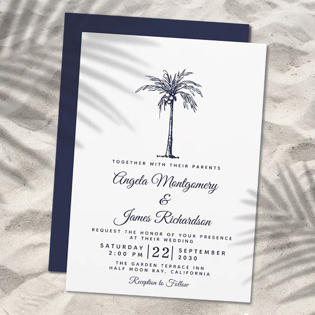 Modern Navy Blue Palm Tree Tropical Beach Wedding Invitation | Zazzle