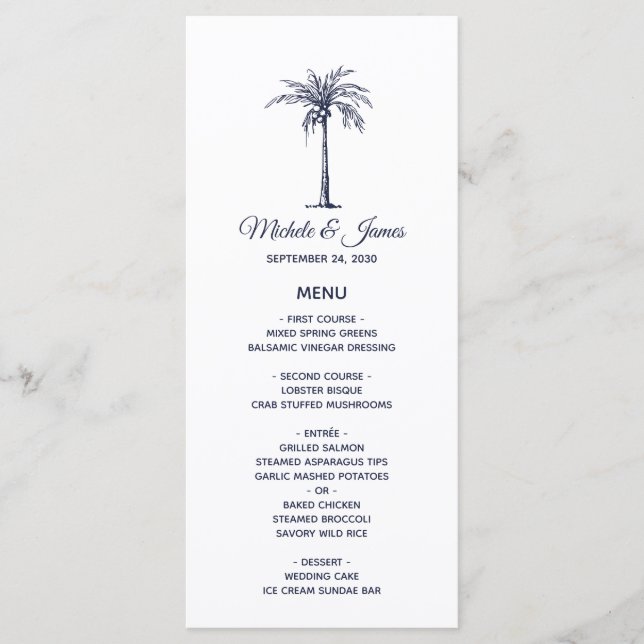Modern Navy Blue Palm Tree Tropical Beach Wedding Menu (Front)