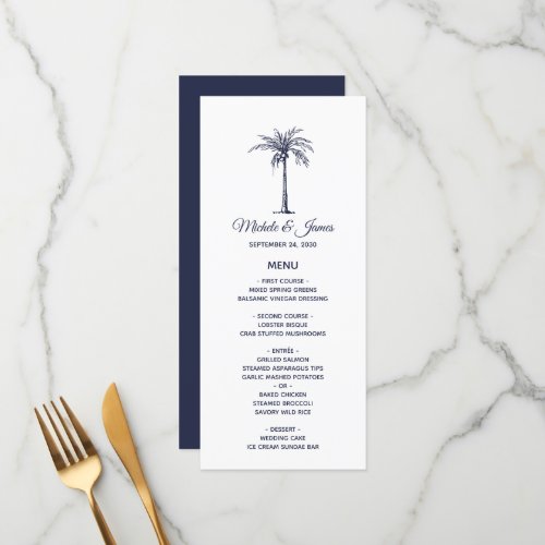 Modern Navy Blue Palm Tree Tropical Beach Wedding Menu