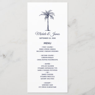 Modern Navy Blue Palm Tree Tropical Beach Wedding Menu