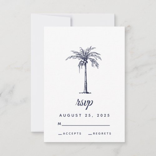 Modern Navy Blue Palm Tree Tropical Beach Wedding RSVP Card