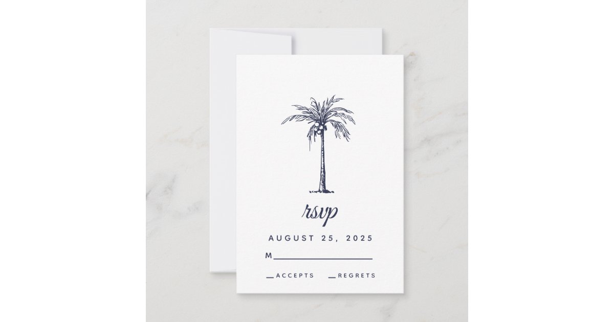 Modern Navy Blue Palm Tree Tropical Beach Wedding RSVP Card | Zazzle