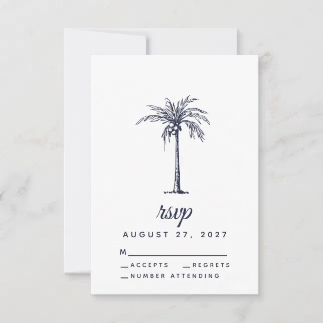 Modern Navy Blue Palm Tree Tropical Beach Wedding RSVP Card | Zazzle