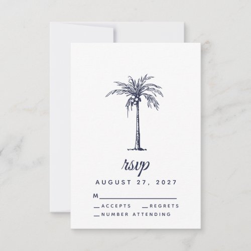 Modern Navy Blue Palm Tree Tropical Beach Wedding RSVP Card