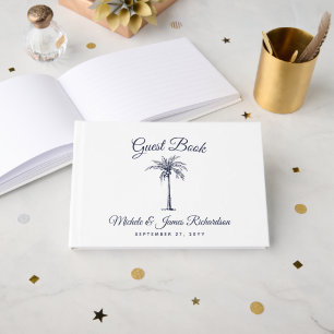 Modern Navy Blue Palm Tropical Beach Wedding Guest Book