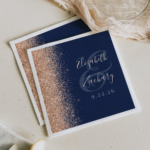 Modern Navy Blue Peach Glitter Wedding Napkins