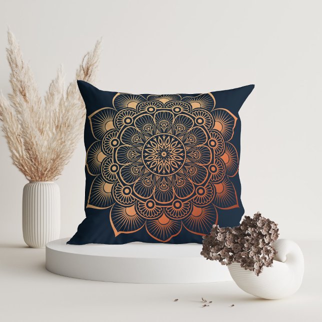 Modern Navy Blue Peach Mandala Throw Pillow (Modern Navy Blue Peach Mandala Throw Pillow in a white room with dry flowers)