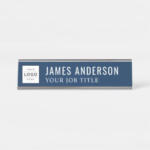 Modern Navy Blue Personalized Business Logo Desk Name Plate