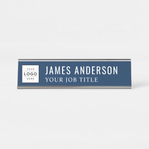 Modern Navy Blue Personalized Business Logo Desk Name Plate