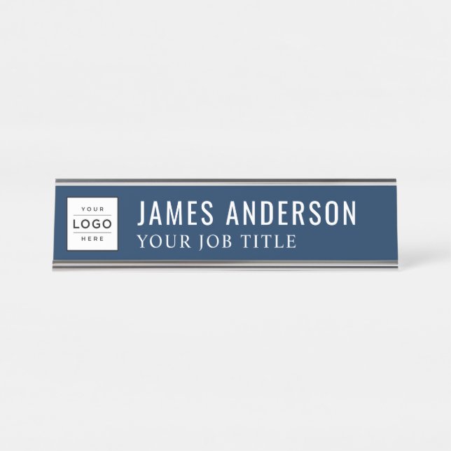 Modern Navy Blue Personalized Business Logo Desk Name Plate (Front)
